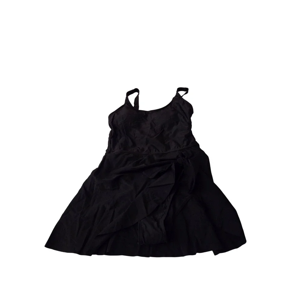 Black Swim Dress One Piece Swimsuit w/ Skirt Small Adjustable Straps Tie Detail